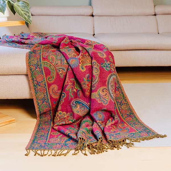 Wolldecke Plaid 200x140 FLOWERS, magenta-petrol, 100%Wolle / CONTIGO Fairtrade Onlineshop