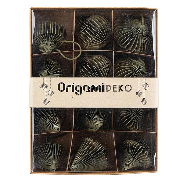 Set 12 Mini Ornamente Origami, piniengrün,Papier SONDERPREIS / CONTIGO Fairtrade Onlineshop