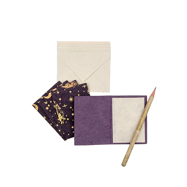 5 Mini Karten mit Umschlag FIRMAMENT violet-gold-kupf, Lokta / CONTIGO Fairtrade Onlineshop