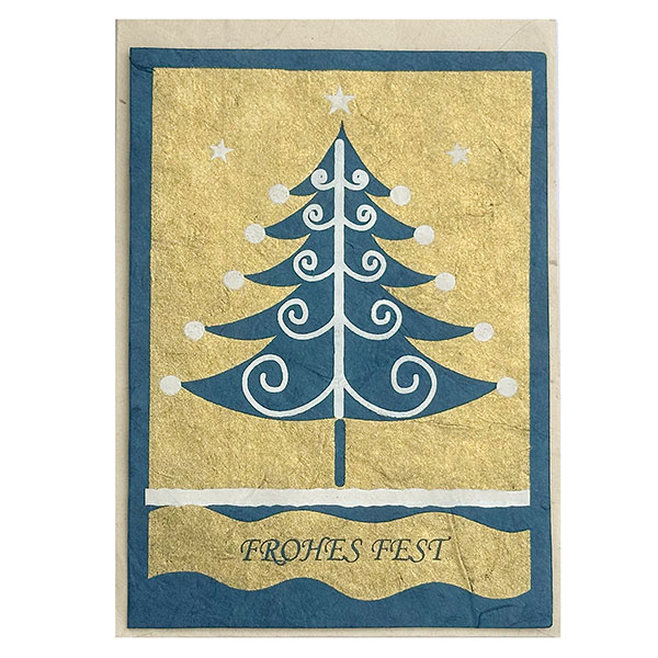Grußkarte FROHES FEST nachtblau-gold, Loktapapier handgeschöpft
