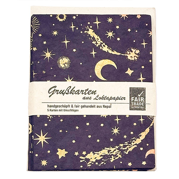 5 Karten mit Umschlag FIRMAMENT violet-gold-kupfer, Lokta / CONTIGO Fairtrade Onlineshop