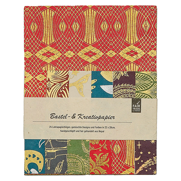 Bastelpapier-Set, Kreativset mit 24 Bögen, verschiedene Drucke und Farben, Loktapapier handgeschöpft