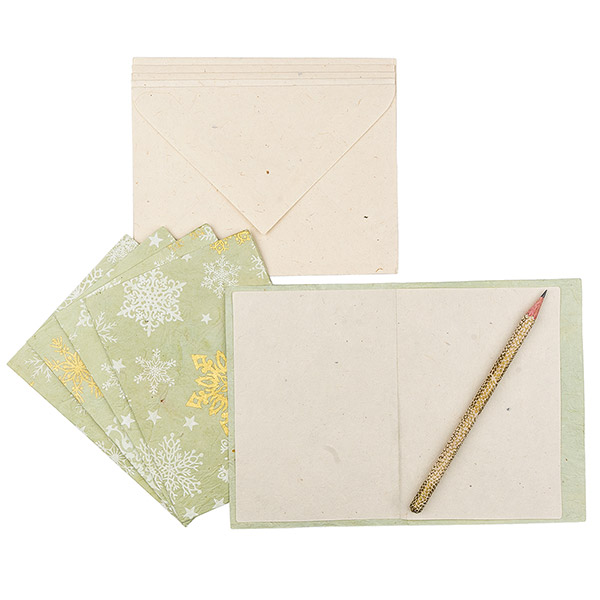 5 Karten mit Umschlag SNOWFLAKES salbei-weiß-gold, Lokta / CONTIGO Fairtrade Onlineshop
