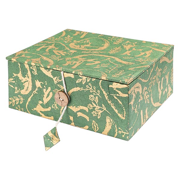 Dekobox, Geschenkbox FUCHS piniengrün-gold, groß, Loktapapier