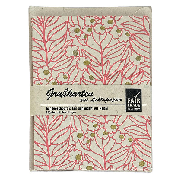 5 Karten mit Umschlag SCANDI FLOWER, natur-koralle, Lokta ha / CONTIGO Fairtrade Onlineshop