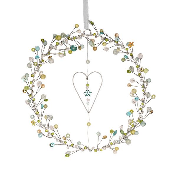 Perlendekoration RING MIT HERZ 17cm, aqua