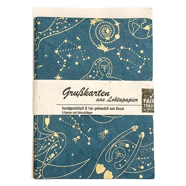 5 Karten mit Umschlag MERMAID MOON petrol-gold, Lokta / CONTIGO Fairtrade Onlineshop
