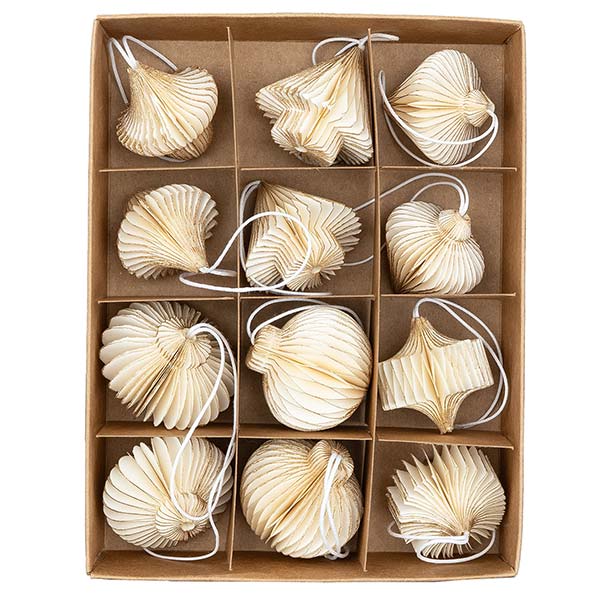 -15% Set 12 Mini Ornamente Origami, weiß gold, Papier SONDERPREIS