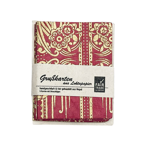 5 Mini Karten mit Umschlag BAROQUE beere-gold, Lokta / CONTIGO Fairtrade Onlineshop