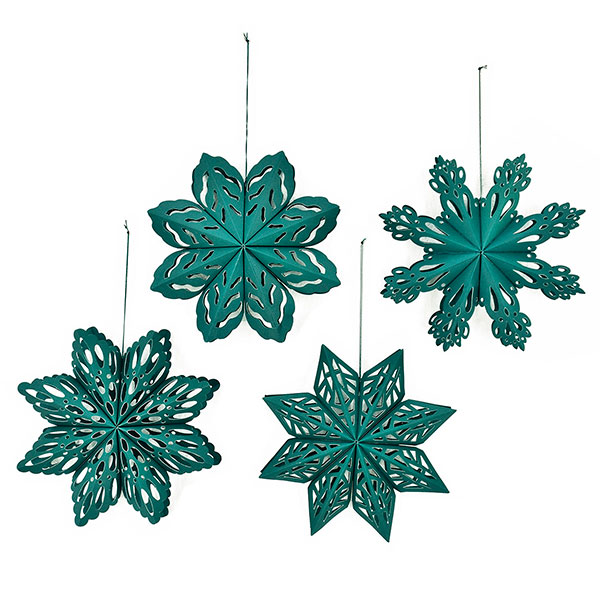 4er Set Faltsterne Schneeflocken, 15cm, dunkelgrün, Papier 4er Set Faltsterne Schneeflocken, 15cm, dunkelgrün, Papier