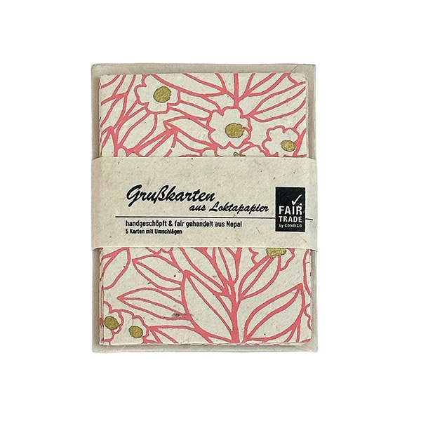 5 Mini Karten mit Umschlag, SCANDI FLOWER, natur-koralle-gold, Loktapapier handgeschöpft
