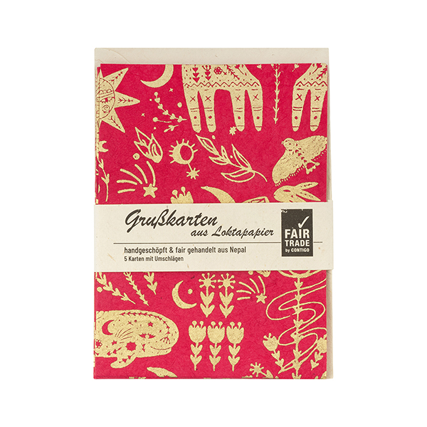 5 Karten mit Umschlag NORDIC rot-gold, Loktapapier / CONTIGO Fairtrade Onlineshop