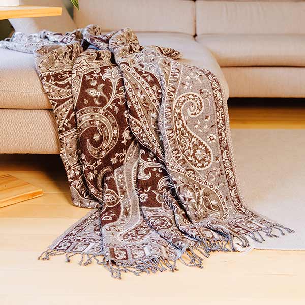 Wolldecke Plaid 200x140, PAISLEY-FLOWER, creme-dunkelbraun, 100 % Wolle / CONTIGO Fairtrade Onlineshop