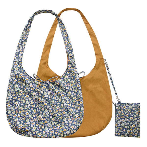 Wendetasche DAISY FLOWER. dunkelblau, braun, bedruckte Baumwolle