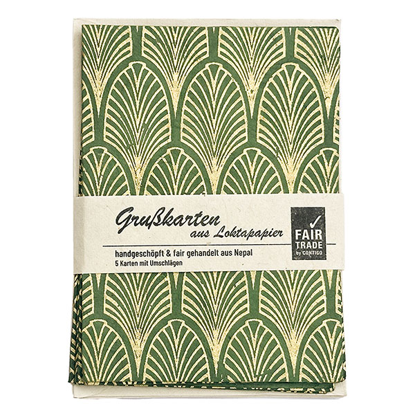 5 Karten mit Umschlag FEATHERS piniengrün, Loktapapier handg / CONTIGO Fairtrade Onlineshop