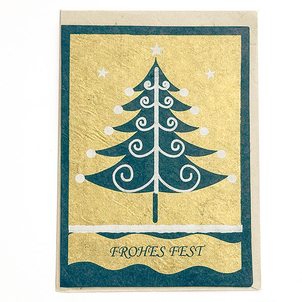 Grußkarte FROHES FEST petrol-gold-weiss, Loktapapier handgeschöpft