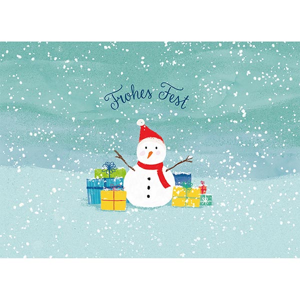 Postkarte Schneemann mit Geschenken