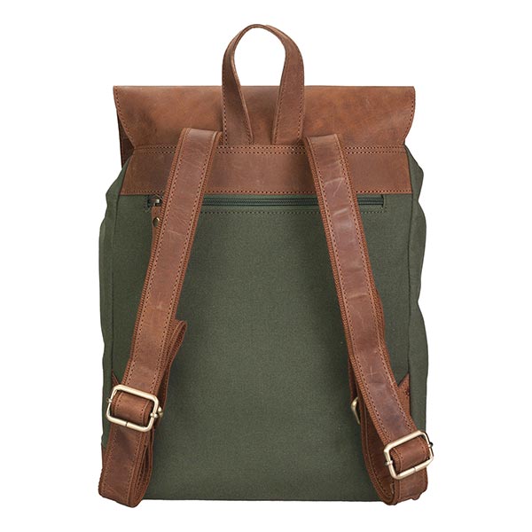 Rucksack, waldgrün, Leder und Bio-Baumwollcanvas / CONTIGO Fairtrade Onlineshop