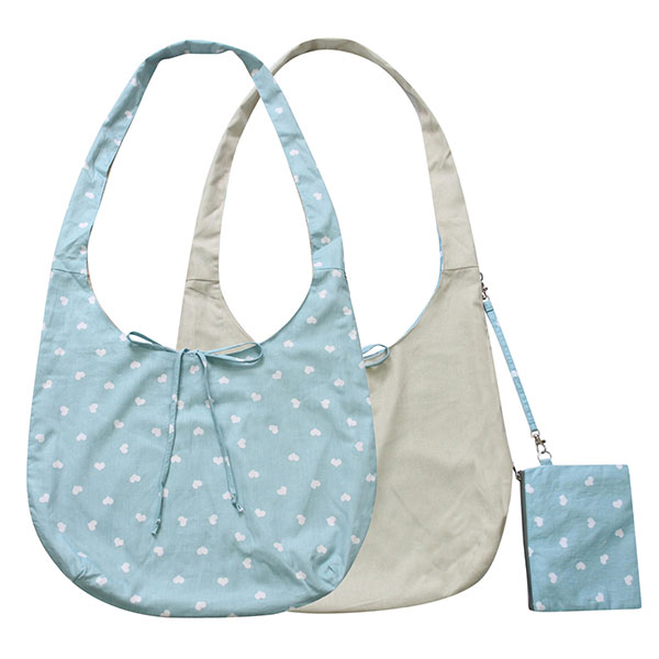 Wendetasche HEART, hellblau, natur, bedruckte Baumwolle