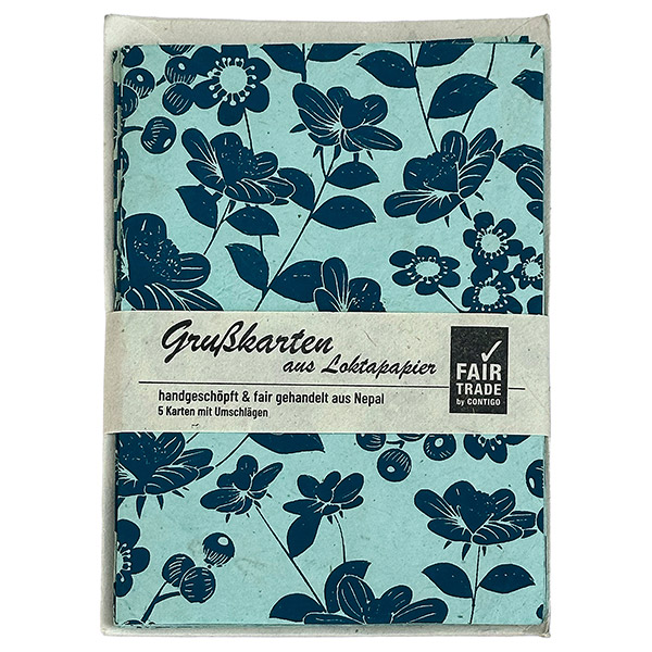 5 Karten mit Umschlag, BLOOMING, hellblau-petrol, Lokta hand / CONTIGO Fairtrade Onlineshop