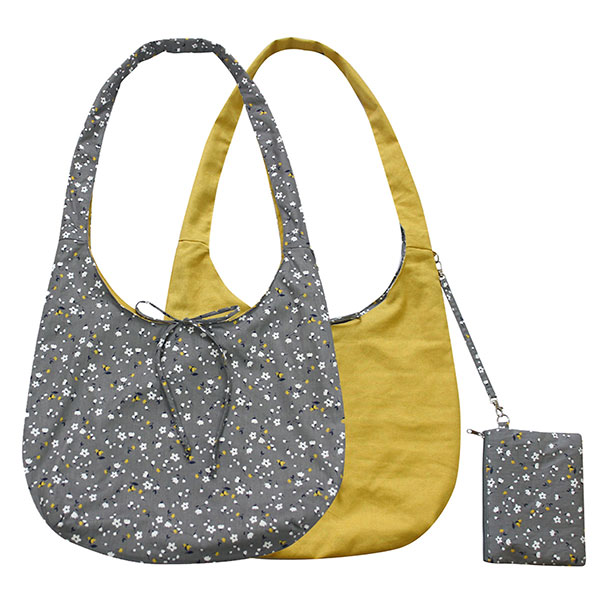 Wendetasche PETITE FLOWERS, grau-senfgelb, bedruckte Baumwolle