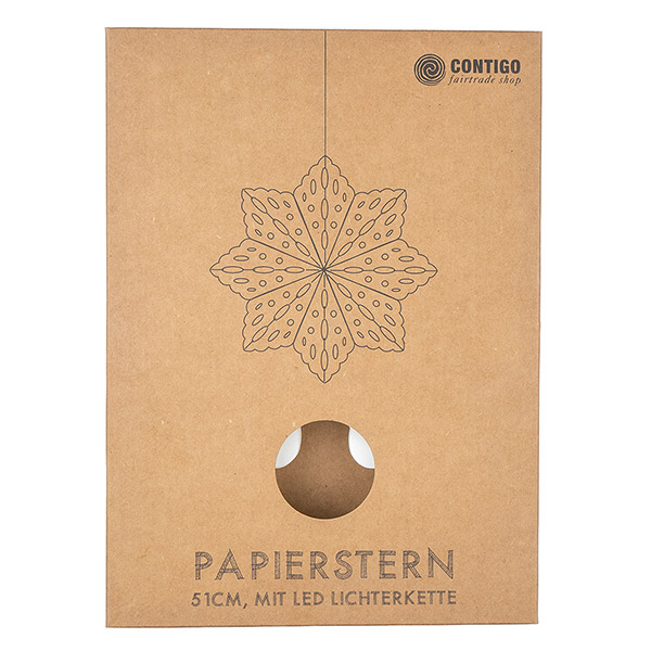 Faltstern Schneeflocke mit LED, 50 cm, weiß, Papier / CONTIGO Fairtrade Onlineshop