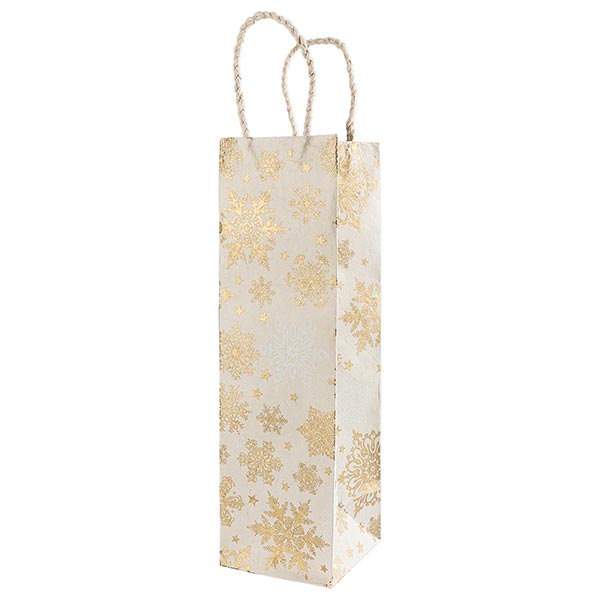 Geschenktüte Flasche SCHNEEFLOCKEN natur, gold, weiß, Loktapapier