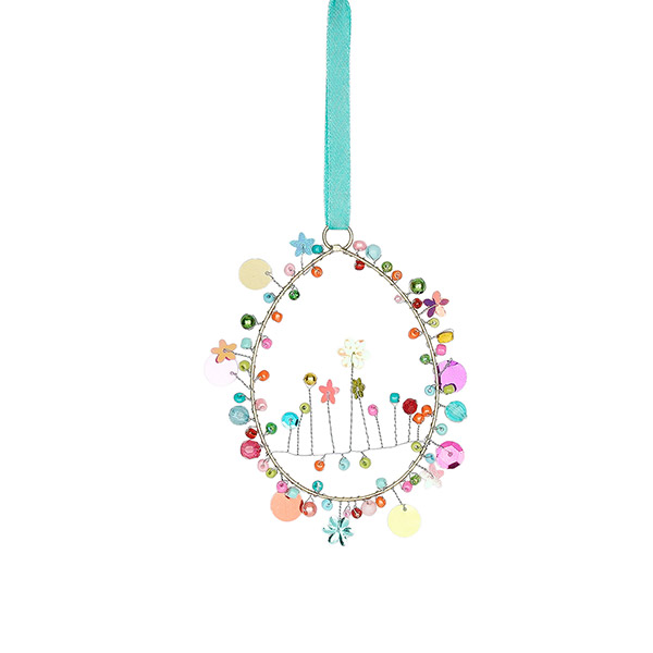 Perlendekoration Osterei mit Blumen 10x7cm, multicolor