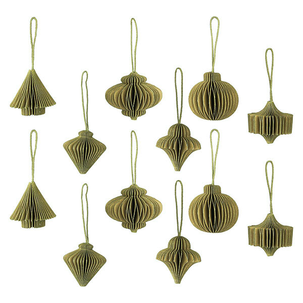 Set 12 Mini Ornamente Origami, piniengrün, Papier / CONTIGO Fairtrade Onlineshop