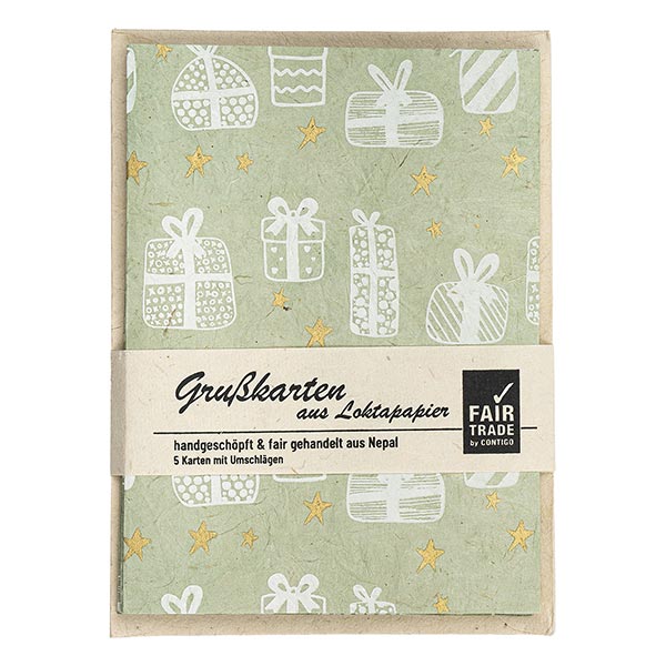 5 Karten mit Umschlag GIFT salbei-weiß-gold, Lokta / CONTIGO Fairtrade Onlineshop
