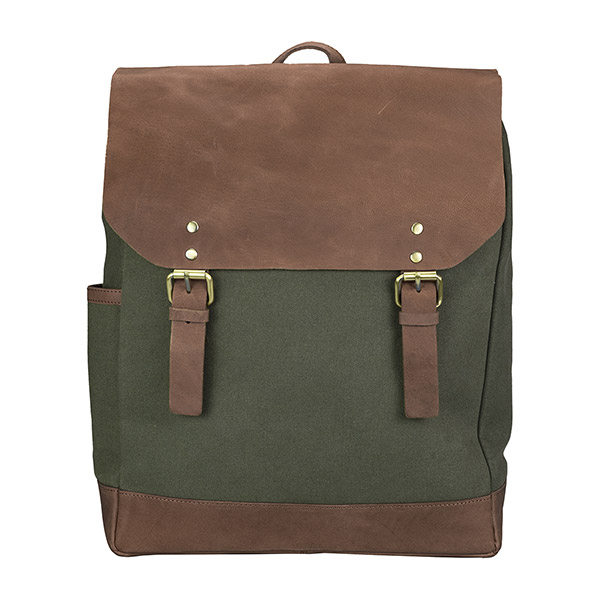 Laptop-Rucksack waldgrün-camel, Leder und Biobaumwolle / CONTIGO Fairtrade Onlineshop