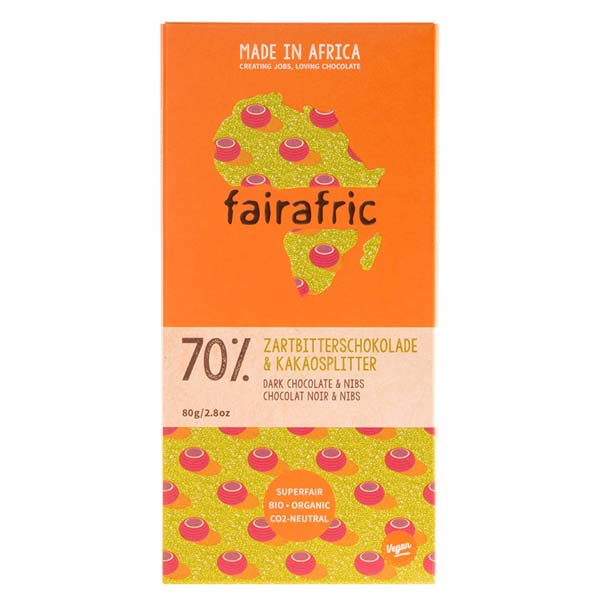 fairafric - BIO Zartbitterschokolade Nibs 70% 80g / CONTIGO Fairtrade Onlineshop