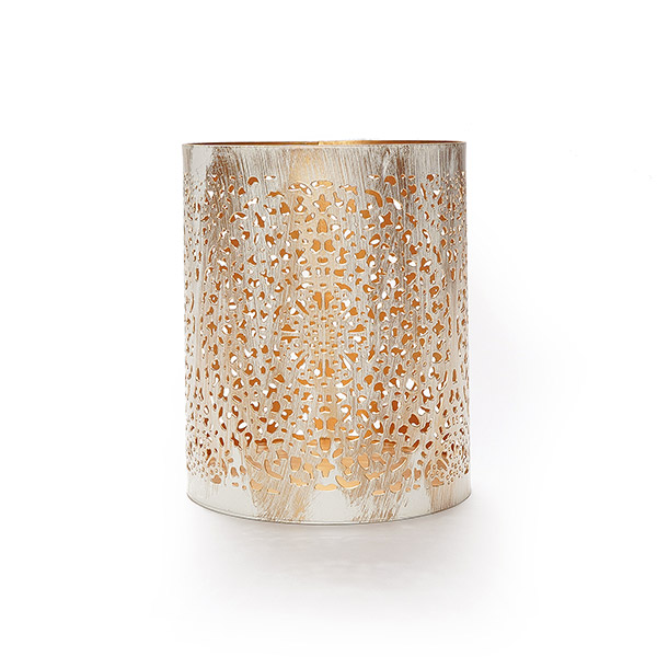 Windlicht 10x13 cm WHEEL OF LIFE weiß-gold, Eisenblech