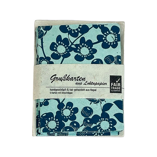5 Mini Karten mit Umschlag BLOOMING, hellblau-petrol, Lokta / CONTIGO Fairtrade Onlineshop