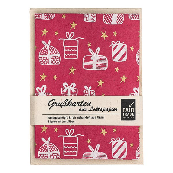 5 Karten mit Umschlag GIFT rot-weiß-gold, Lokta / CONTIGO Fairtrade Onlineshop