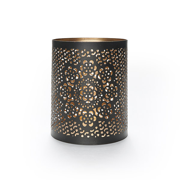 Windlicht 10x13cm FLOWER, schwarz-gold, Eisenblech