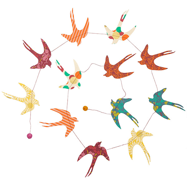 Girlande SCHWALBEN, 180 cm, bunt Loktapapier, handgeschöpft / CONTIGO Fairtrade Onlineshop