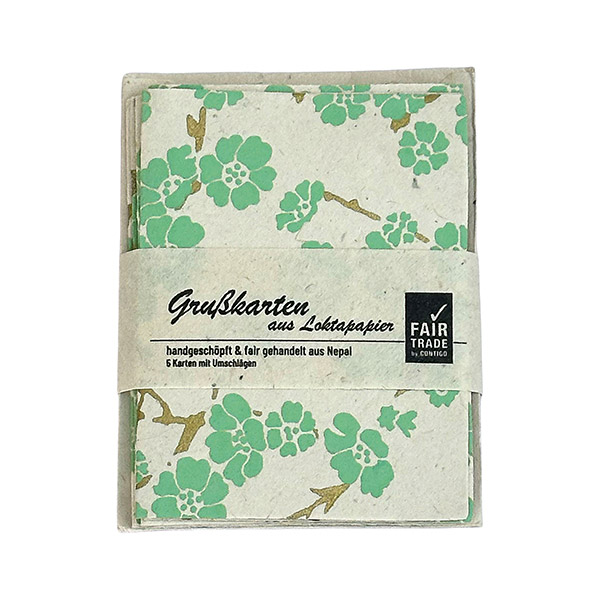 5 Mini Karten mit Umschlag CHERRY TREEE, natur-mint-gold, Lo / CONTIGO Fairtrade Onlineshop