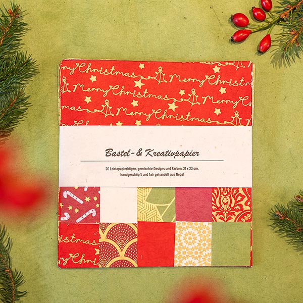 Set Bastelpapiere XMAS, 20 Bögen, verschiedene Designs und Farben, Loktapapier handgeschöpft