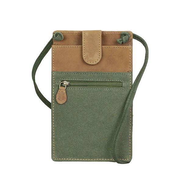Handytasche mit Gurt grün, Leder und Bio-Baumwollcanva / CONTIGO Fairtrade Onlineshop