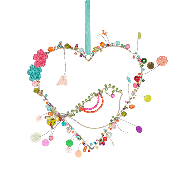 Perlendekoration HERZ mit Vogel 17cm, multicolor