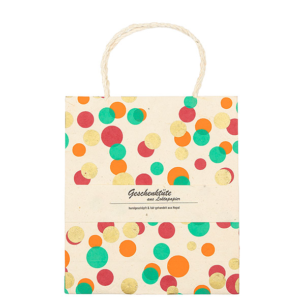 Geschenktüte M PÜNKTCHEN, natur-türkis-gold-fuchsia-orange / CONTIGO Fairtrade Onlineshop