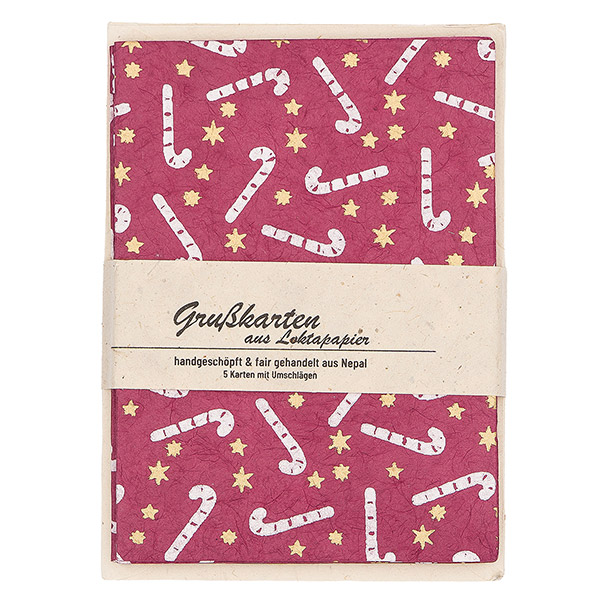 5 Karten mit Umschlag ZUCKERSTANGE beere, Loktapapier / CONTIGO Fairtrade Onlineshop