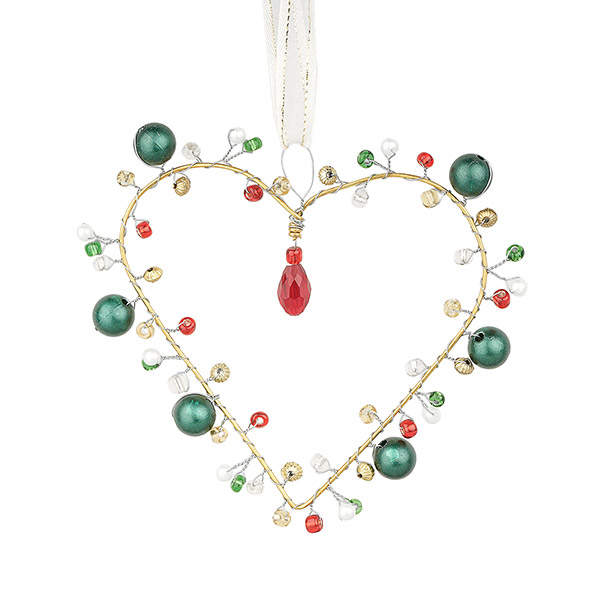 Perlendekoration HERZ 8cm, grün-rot Perlendekoration HERZ 8cm, grün-rot