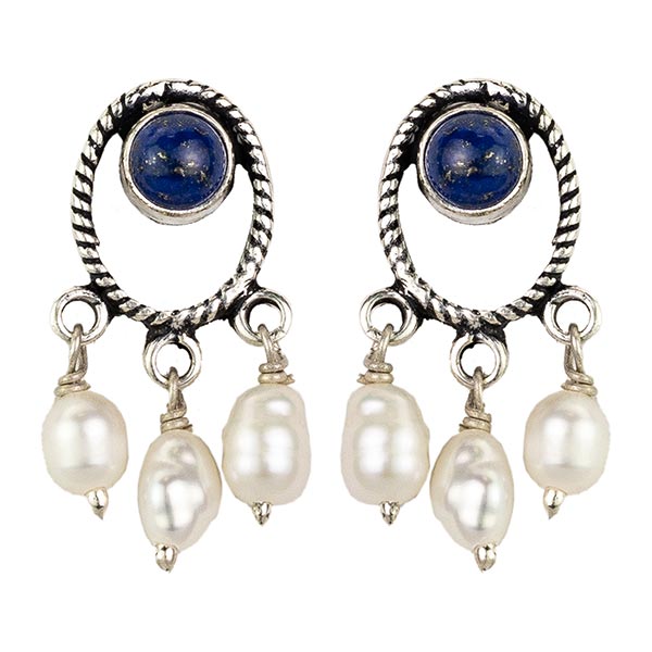 Ohrringe Kranz oval mit Perle und Lapis, Silber