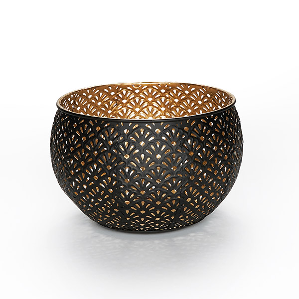 Windlicht 18x13 cm, FLOWER BOWL, schwarz-gold, Eisenblech