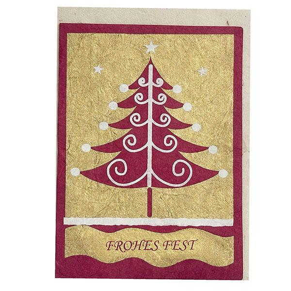 Grußkarte FROHES FEST beere-gold-weiss, Loktapapier handgeschöpft