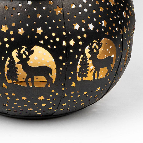 Windlicht rund,18x13cm NIGHT FOREST, schwarz-gold, Eisenblech, handgemacht