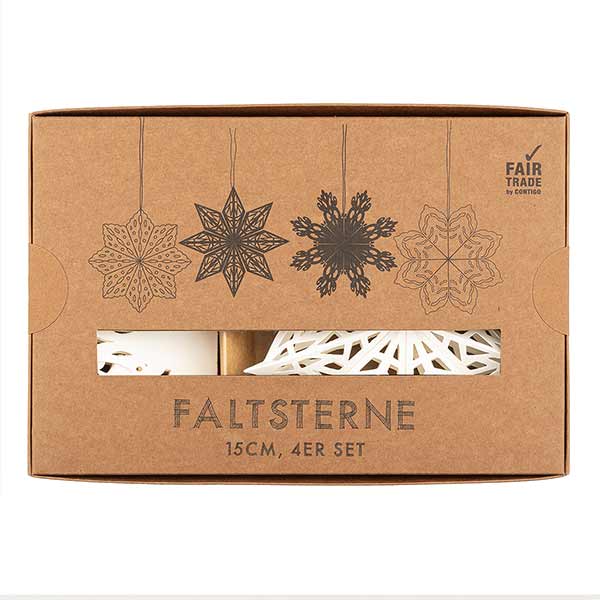 4er Set Faltsterne Schneeflocken, 15cm, weiß, Papier / CONTIGO Fairtrade Onlineshop