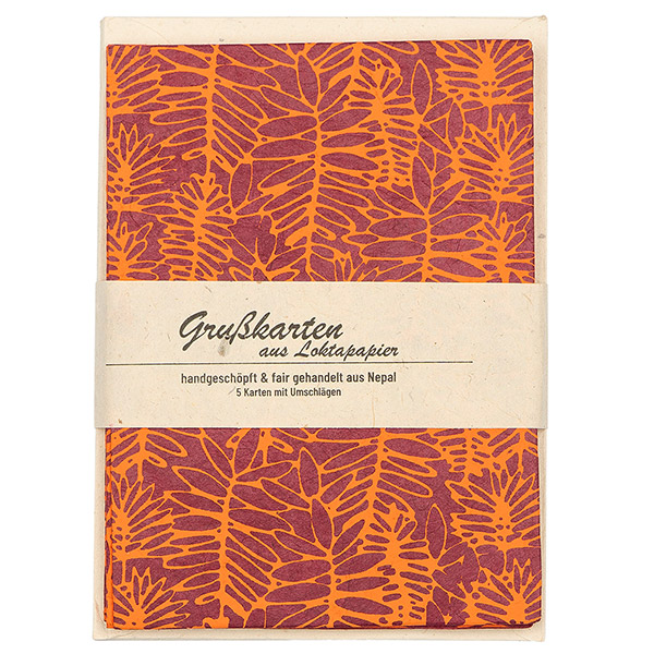 5 Karten mit Umschlag, FARN, purpur-orange / CONTIGO Fairtrade Onlineshop
